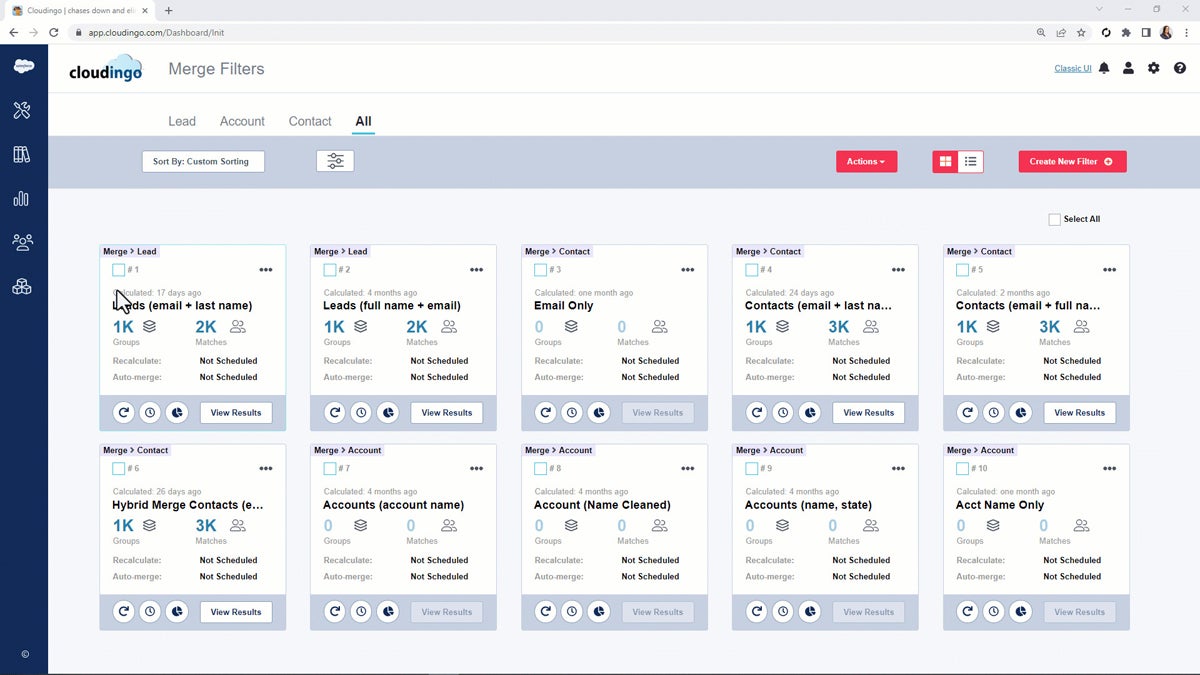 Cloudingo multi-select filters for action.