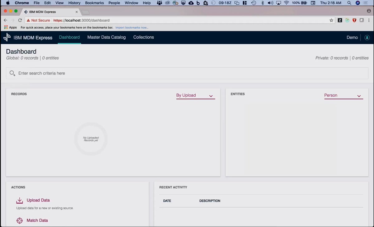 IBM InfoSphere MDM Express dashboard.