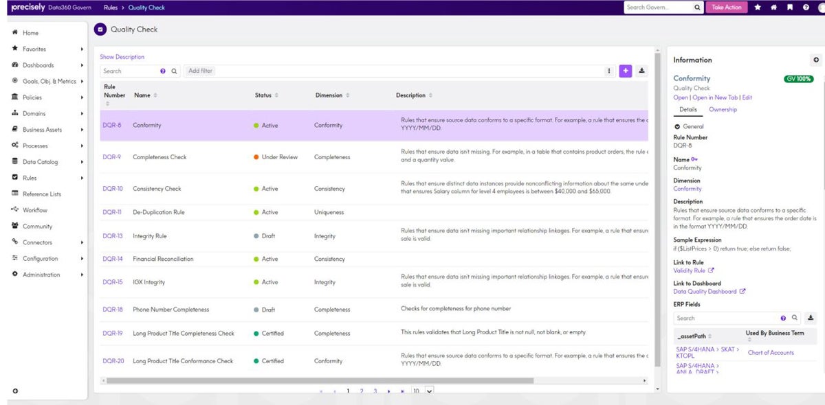 Precisely Data360 Govern, data quality check.